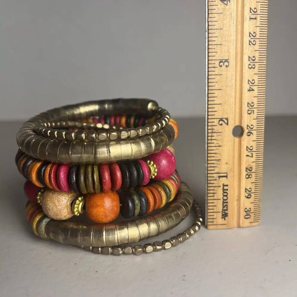 Vintage Wooden Wood Bead Coil Wrap Bracelet Brass Tone Stacking Beaded Bangle